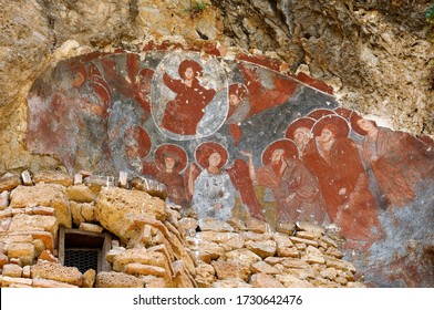 The exterior of the Church of Saint Archangel Michael in Ohrid, Macedonia, built in the 13th century in a natural cave.The frescoes date from the 13th and 14th century.