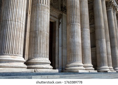 Exterior colums of the West Front of the historic St. Pauls Cathedral in London, UK.