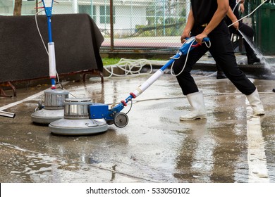 Exterior Concrete Floor Cleaning With Polishing Machine And Chemical