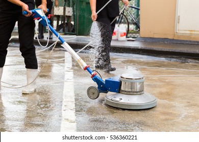 Exterior Concrete Floor Cleaning With Polishing Machine And Chemical