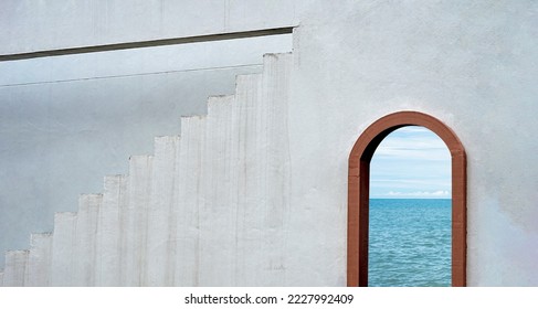 Exterior Concrete wall and Step Stair with Wooden Window Frame,Architecture Loft Building Grey Cement Wall Background with Tuscany Arches Brown Wood Door view through Seascape and Blue sky in Summer - Powered by Shutterstock