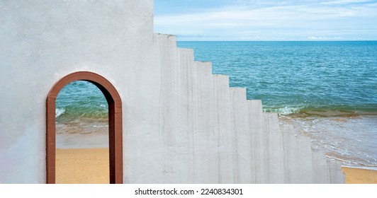 Exterior Concrete wall and Step Stair with Wooden Window Frame,Architecture Loft Building Grey Cement Wall Background with Tuscany Arches Brown Wood Door view through Seascape and Blue sky in Summer - Powered by Shutterstock