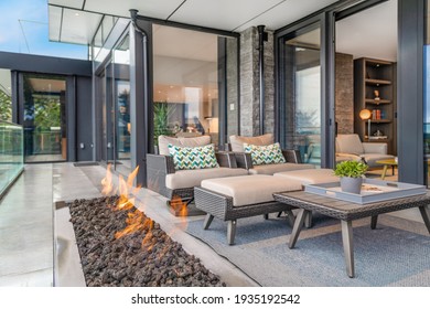 Exterior deck with large open gas fire