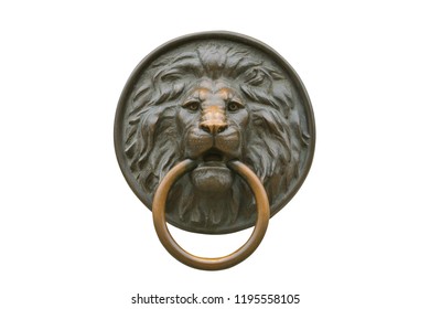 Exterior design element. Metal lion doorknob isolated on white