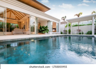 Exterior Design Of Pool Villa, House And Home Feature Infinity Swimming Pool And Garden