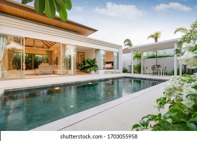 Exterior Design Of Pool Villa, House And Home Feature Infinity Swimming Pool And Garden