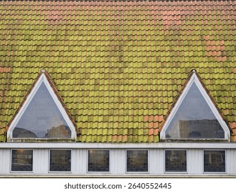 Exterior facade of a house with two triangular windows on the roof