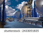 Exterior of factory on summer evening. Plant with spherical high pressure tanks. Oil or gas storage. Factory with tanks and pipeline. Storage of cryogenic liquids. BPVC, ASME. 