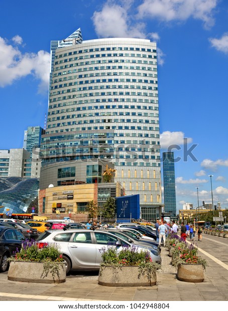 Exterior of the Golden Terraces Shopping Mall, Hard\
Rock Cafe in Warsaw. City Business District. Modern architecture of\
European Cities. Travel to Eastern Europe. Warsaw, Poland - July\
27, 2017