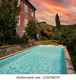 Exterior Of Italian Villa In Tuscany With Swimming Pool. Sunset View, Romantic Scenery. Nobody Inside.