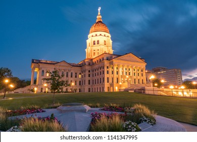 Exterior of the Kansas State Capital Building in Topeka, Kansas at Night