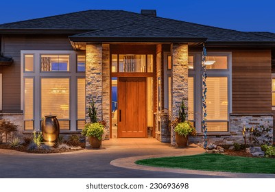 Exterior Of Luxury Home In Evening