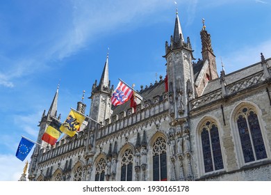 Exterior of the medieval City Hall in Bruges, Belgium