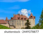 Exterior of medieval Gruyeres castle in Gruyeres town, Fribourg Canton, Switzerland