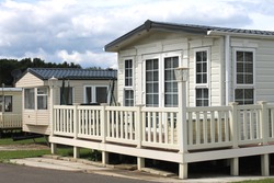 Exterior Of Modern Caravan, Mobile Home Or Trailer In Park, Generic Image Of One Available For Hire.