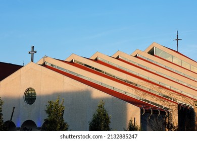 Exterior Of A Modern Church Building Roof And Cross Steeple