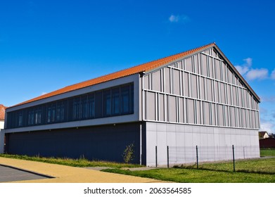 Exterior Of A Modern Gym Or Gymnasium Building, Unique Pattern Of Steel Texture.
