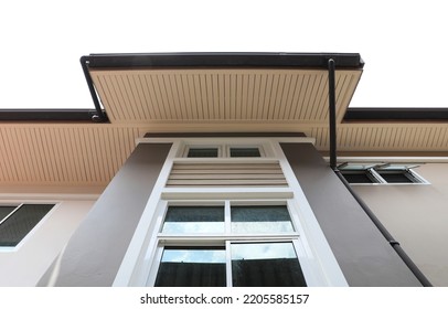 Exterior Of Modern House With Window, Roof And Ceiling And Rain Gutter.