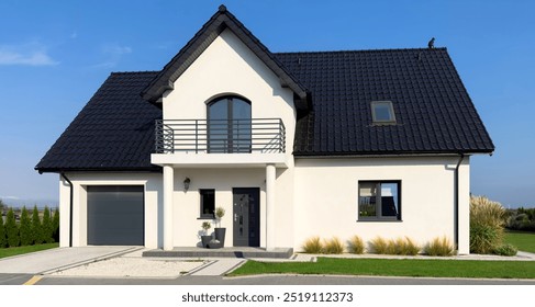 Exterior of a modern white suburban house in Poland