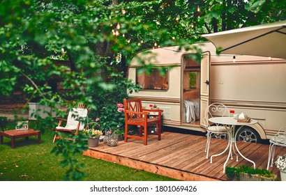 Exterior Of Motor Home. Camping Trailer. Traveling Concept.