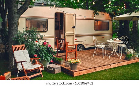 Exterior Of Motor Home. Camping Trailer. Traveling Concept.