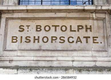 Exterior Name Plaque On St. Botolph-without-Bishopsgate Church In London.