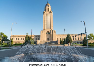 Exterior of the Nebraska Capitol Building in Lincoln against a blue sky