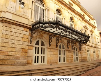 Exterior Of Neoclassical Theater Building In Touristic Candelaria District In Bogota Colombia