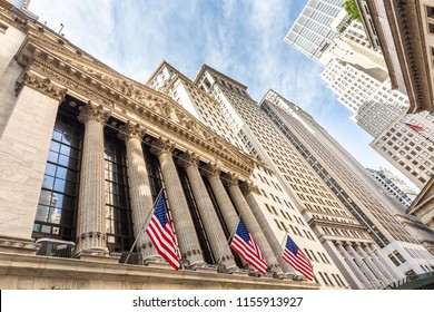 Exterior of New york Stock Exchange, largest stock exchange in world by market capitalization and most powerful global financial institute. Wall street, lower Manhattan, New York City, USA.