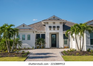 Exterior Of Newly Built Modern Luxury House In Suburban Neighborhood.