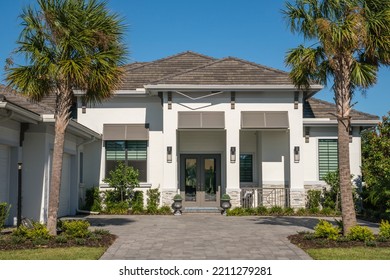 Exterior Of Newly Built Modern Luxury House In Suburban Neighborhood.