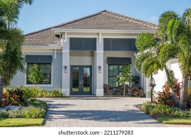 Exterior Of Newly Built Modern Luxury House In Suburban Neighborhood.