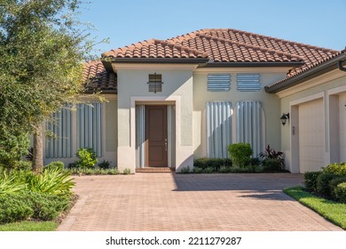 Exterior Of Newly Built Modern Luxury House In Suburban Neighborhood.