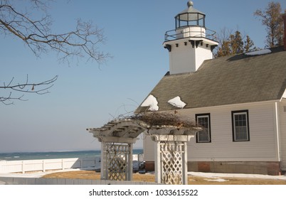 Exterior Of Old Mission Lighthouse In Traverse CIty, Michigan In Winter.