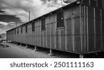 The exterior of one of the long barracks buildings at Manzanar.