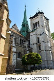 Exterior Of The Saint Pierre Cathedral In Geneva, Switzerland, Today Belonging To The Swiss Reformed Church. 