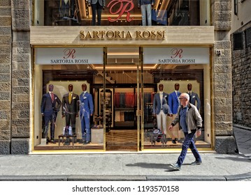 Exterior of Sartoria Rossi store. Exclusive Italian Tailoring. Tailored suits & jackets. The boutique presents men's clothing of impeccable quality. Italy, Florence – April 17, 2018      