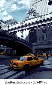 Exterior Shot Of A Taxi Outside Grand Central Station New York City