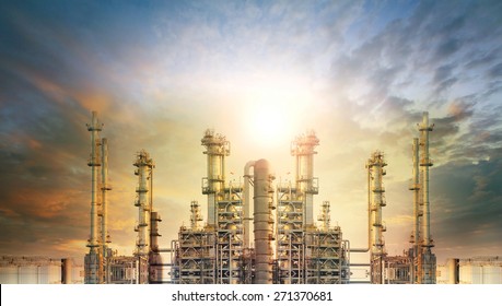 Exterior Tube Of Petrochemical Plant And Oil Refinery For Produce Industrial Material In Heavy Petroleum Industry Estate Against Beautiful Sun Light Sky 