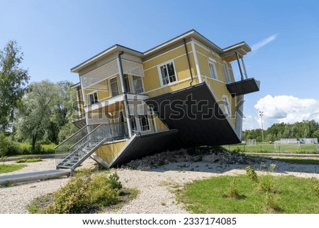 Exterior of Upside Down House (Tagurpidi Maja) in Tartu, Estonia