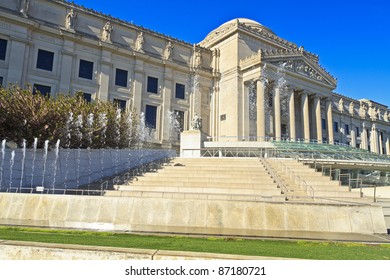 Exterior View Of The Brooklyn Museum Fountain On A Sunny Spring Day In Brooklyn, NY