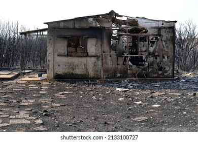 Exterior View Of A Burnt House After The Wildfire In Suburb Of Athens West Of Athens, Greece On August 4, 2021.