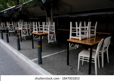 Exterior View Of A Closed Restaurant During The First Day Of Implementation Of The New Restrictive Measures Against The Spread Of The Pandemic Of Covid-19, In Athens, Greece On November 3rd, 2020.