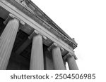 Exterior view of government building Stambaugh Auditorium in Youngstown, Ohio in monochrome. 