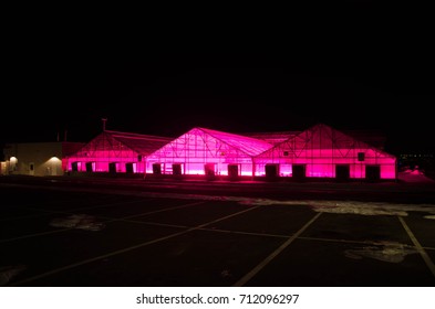 Exterior View Of Greenhouse At Night With LED Light