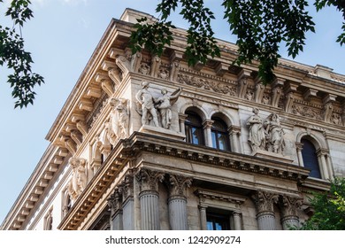 Exterior view of a historical building in the downtown of Budapest, Hungary, Eastern Europe. Statue of a building on Andrassy Avenue, the most famous boulevard of the Hungarian capital.