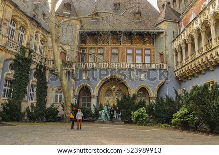 Exterior view of the Historical Vajdahunyad Castle located behind the Heroes Square in Budapest, Hungary
