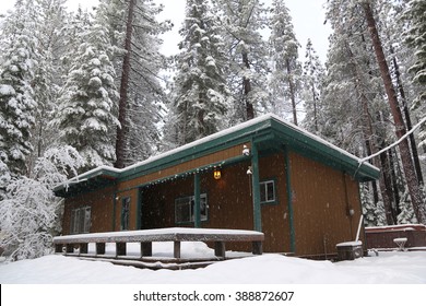 Exterior View Of A Lake Tahoe Cabin During First Snow In The Morning, California, Sierra Nevada