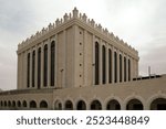 Exterior view of the large Belz Great Synagogue complex modeled after the Jewish Temple in Jerusalem, Israel. 