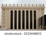 Exterior view of the large Belz Great Synagogue complex modeled after the Jewish Temple in Jerusalem, Israel. 